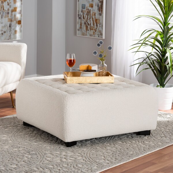 Baxton Studio Athena Modern and Contemporary Ivory Boucle Upholstered and Black Finished Wood Square Ottoman 220-12867-ZORO - main